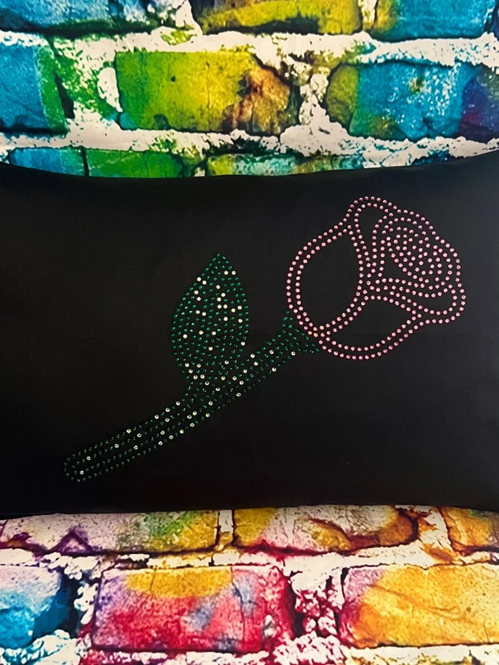 Black Decorative Pillow with Rhinestone Rose Accent [41R]